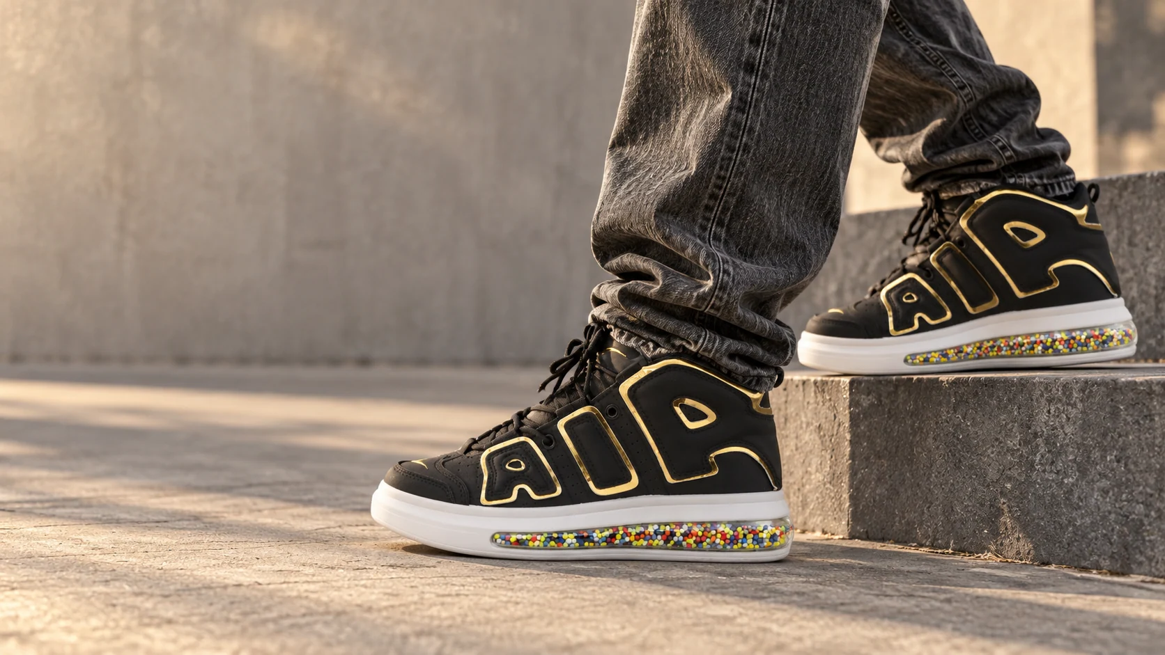Black and gold AIR bubble-sole sneakers worn with charcoal denim on concrete steps, with no face shown