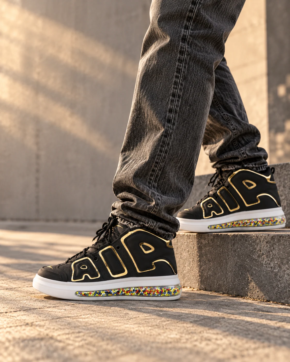 Black and gold AIR bubble-sole sneakers worn with charcoal denim on concrete steps, with no face shown