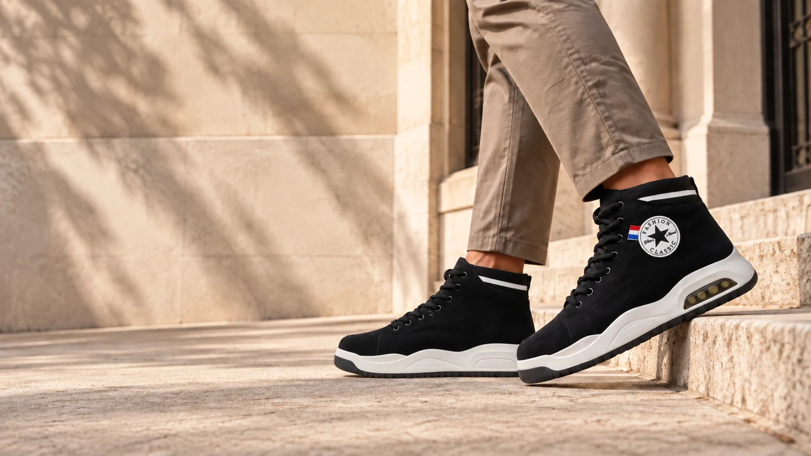 Black Star-Patch high-tops worn with taupe chinos on limestone steps, photographed below the knees