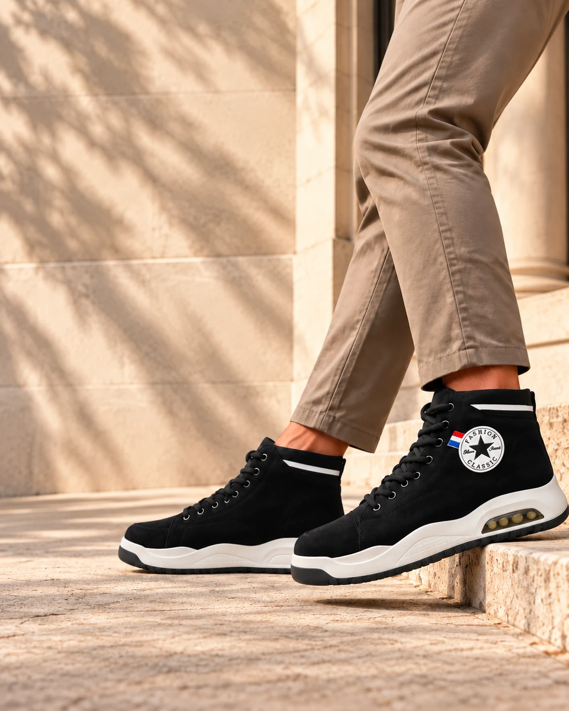 Black Star-Patch high-tops worn with taupe chinos on limestone steps, photographed below the knees